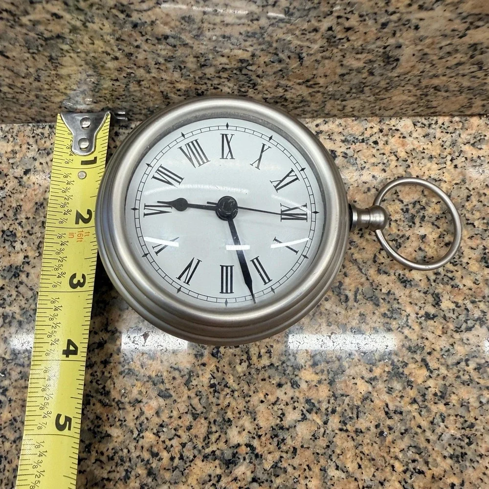 Pottery Barn Silver Pocket Watch Desk Clock Quartz Roman Numerals Tabletop Decor